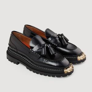 Sandro thick soled black leather loafers with metal toe detail